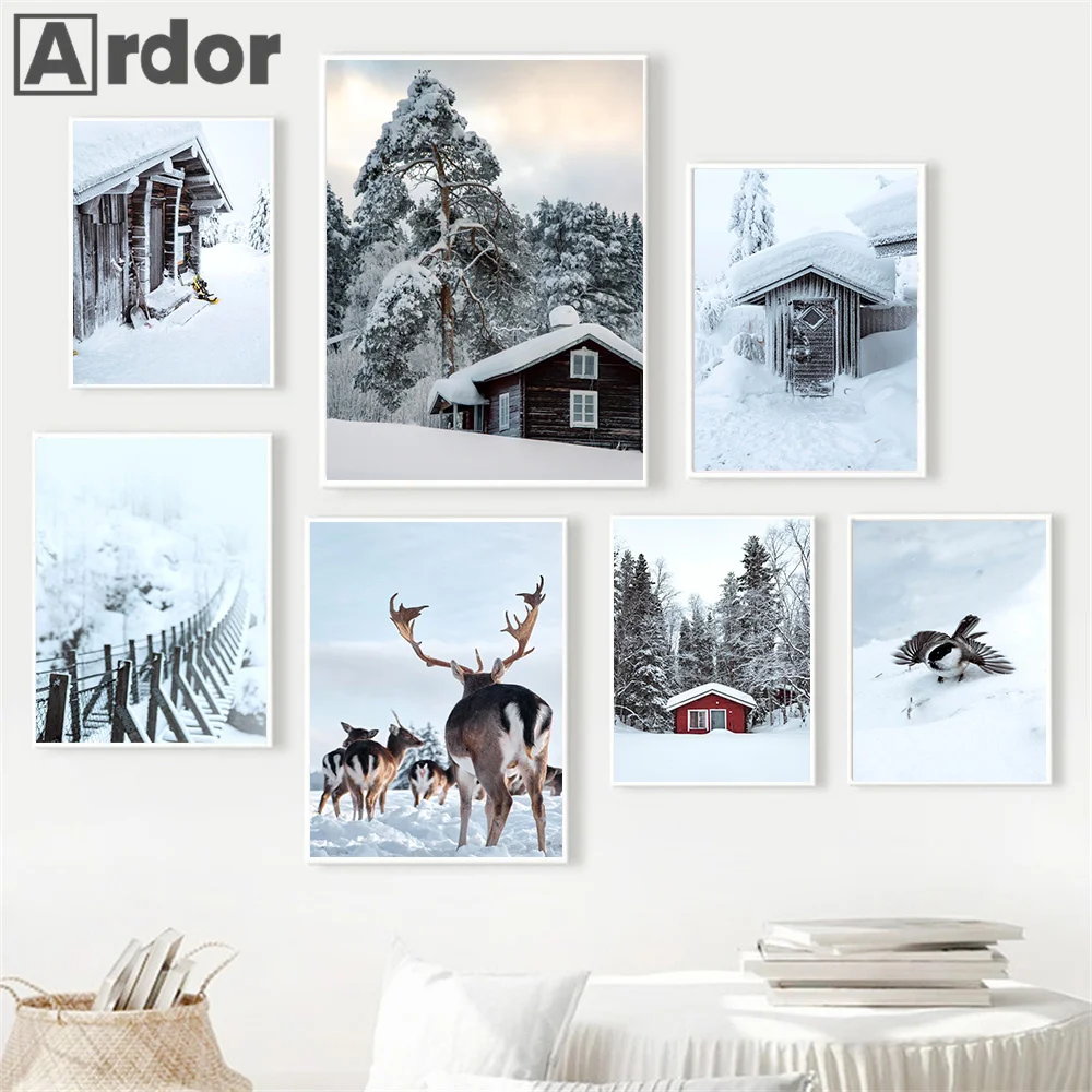 

Snow Moose Forest Cabin Bird Winter Landscape Wall Art Canvas Painting Nordic Posters And Prints Pictures Living Room Home Decor