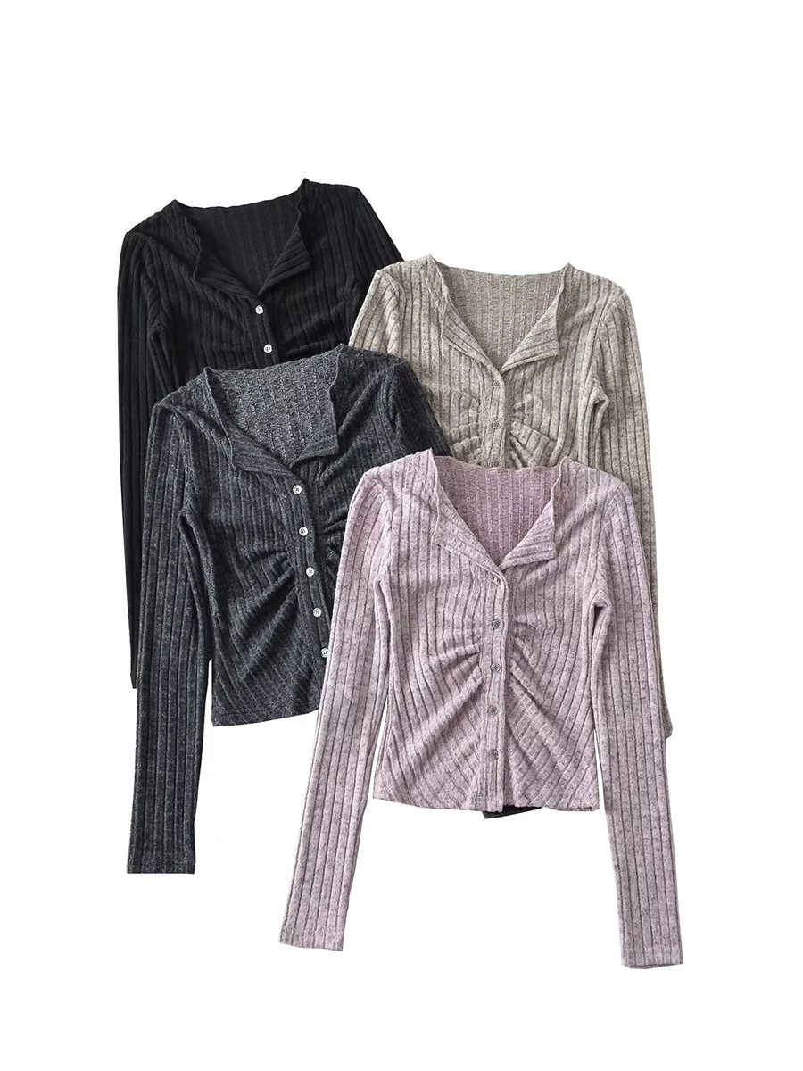 

2023 Autumn Knitted Fashion Women Shirts V Neck Long Sleeve Single Breasted Folds Slim Blouse Female Solid Simple Casual Blouses