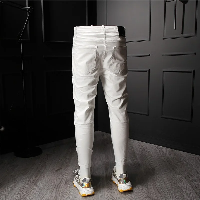 Street White Ankle-Length Men Hole Ripped Washed Pattern Denim Pencil Pants Male Fashion Summer New Biker Zipper Jeans