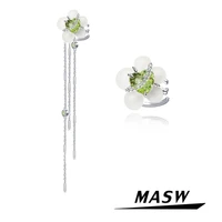 masw popular jewelry green zircon flower earclip earrings modern jewelry thick silver plated chain tassel earcuff for women