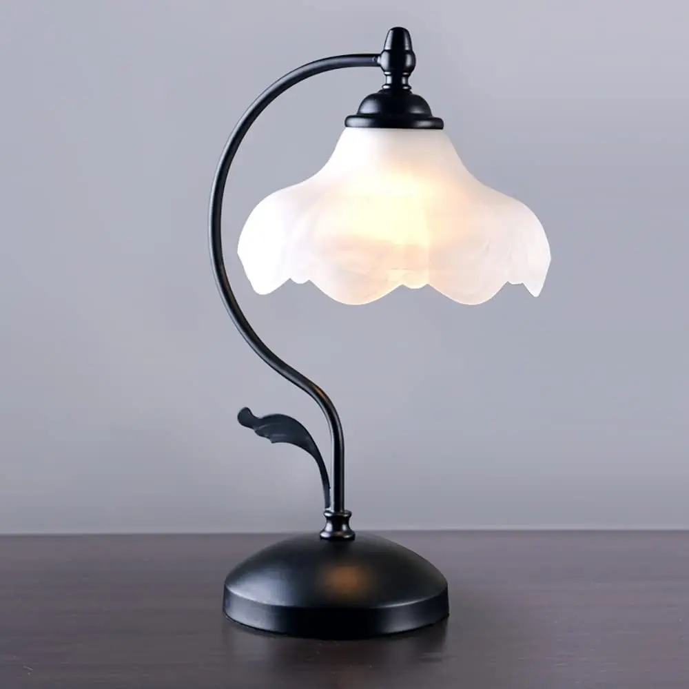 Floral Table Lamp Black Elegant Bedside Nightstand Lamps with Glass Shade Vintage Night Light for Bedroom Living Room