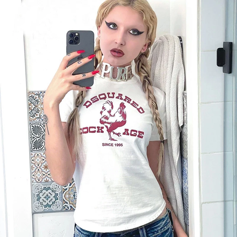 

Y2K Aesthetic Vintage Short Sleeve T-shirt Cock Graphic Print Crop Top 2022 Summer Casual Basic White Tees Pullovers Women