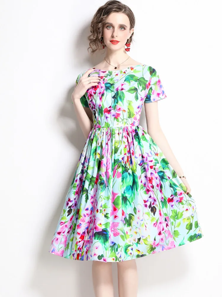 

High Quality Women Summer Beach Dress Elegant O-Neck Short Sleeves Party Robe Vintage Floral Designer A-Line Femme Vestidos