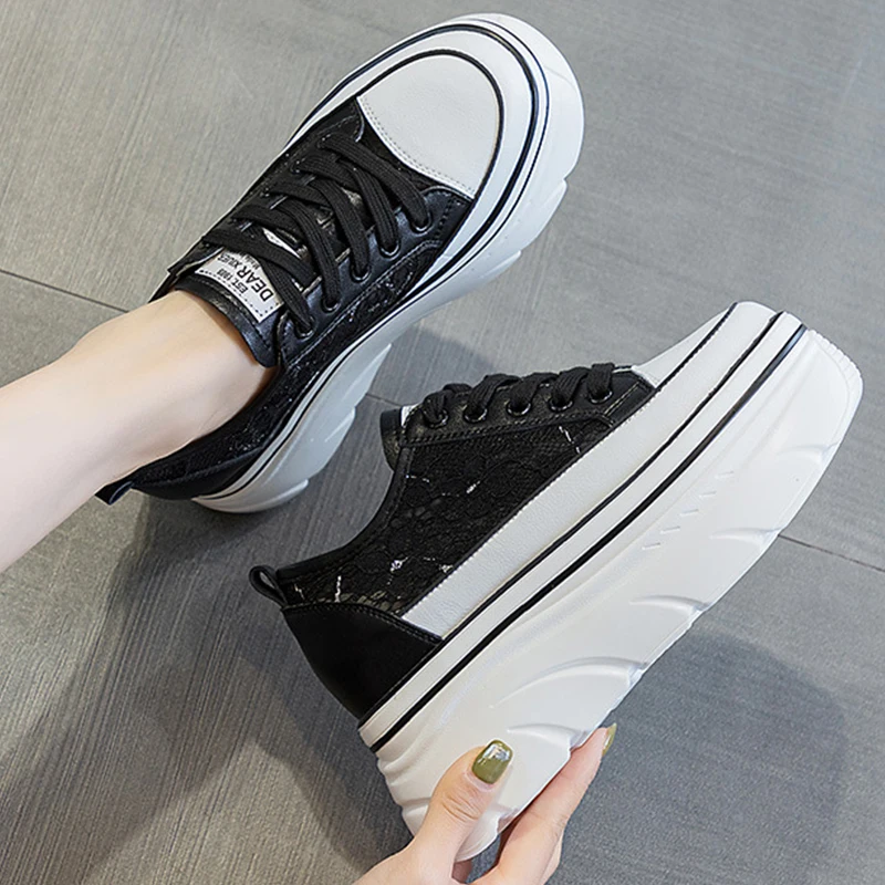 2023 New 7cm Lace Air Mesh Chunky Sneakers Wedge Platform Breathable Hollow Vulcanized Summer Fashion Genuine Leather Ladies