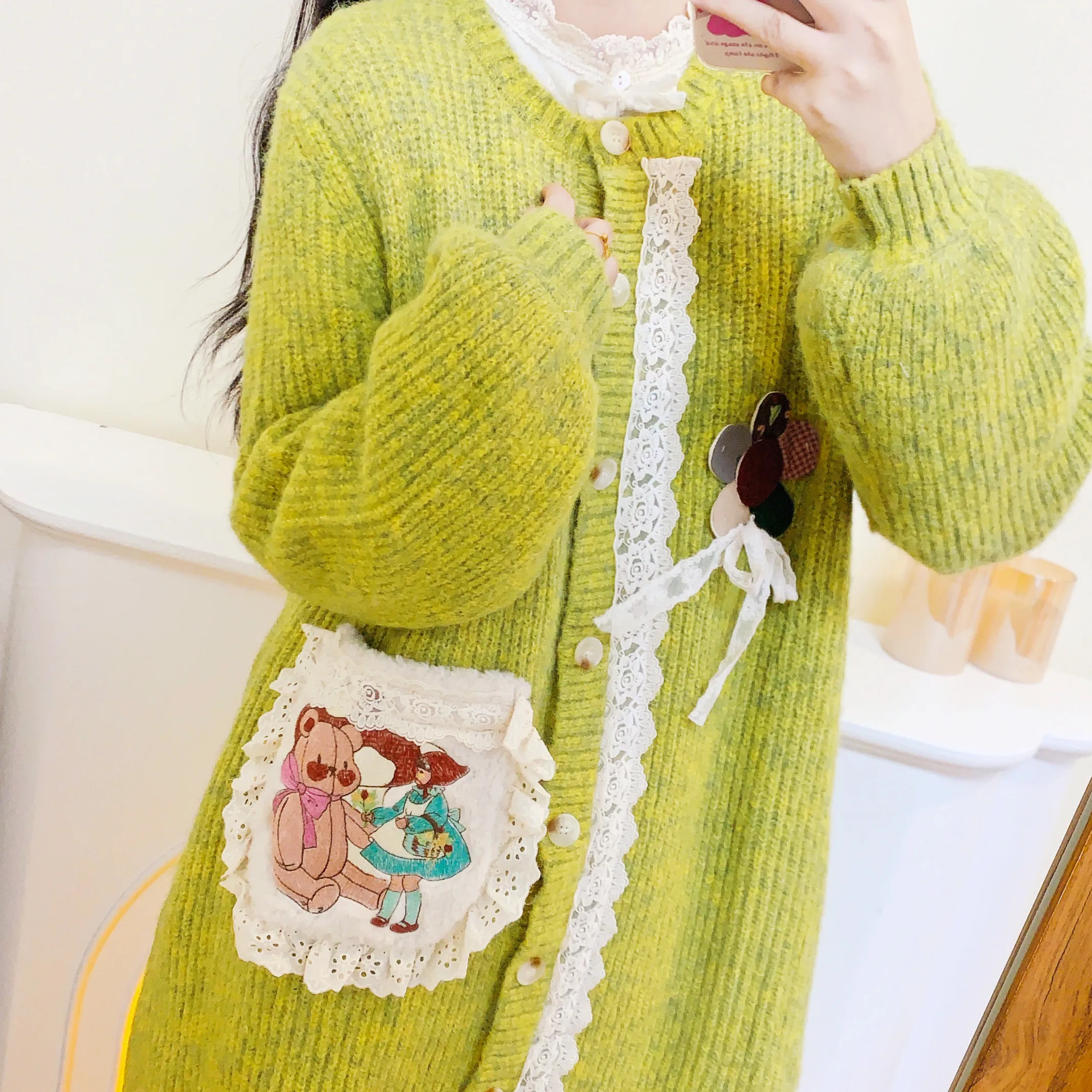 Женский кружевной лоскутный вязаный длинный кардиган с рукавами-фонариками