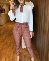 woman 2 pieces sets solid button blouses shirts polka dot pants with sahes elegant office lady autumn casual two pieces sets