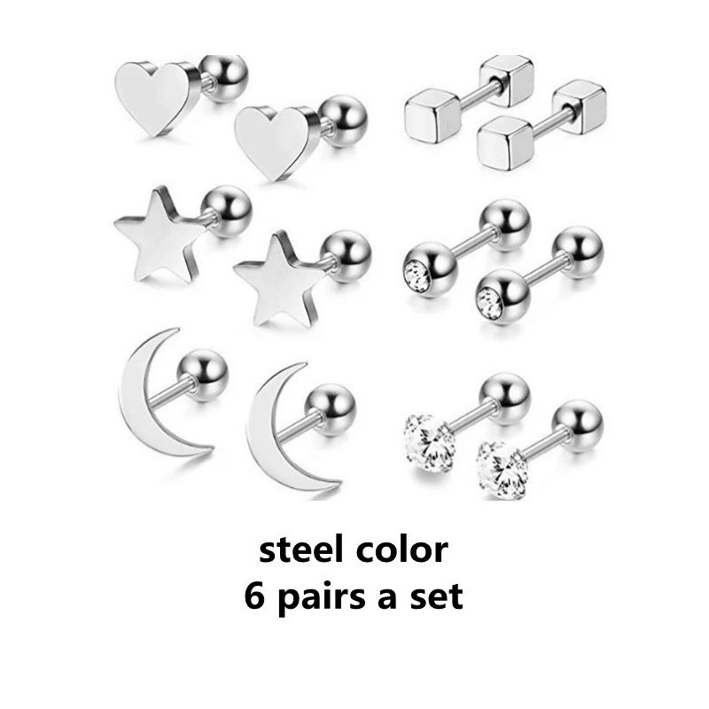 Steel Color 6pc A Set The Zircon With Stainless Steel Screw-Back Stud Earrings The Bar IP Plating No Easy Fade Allergy Free