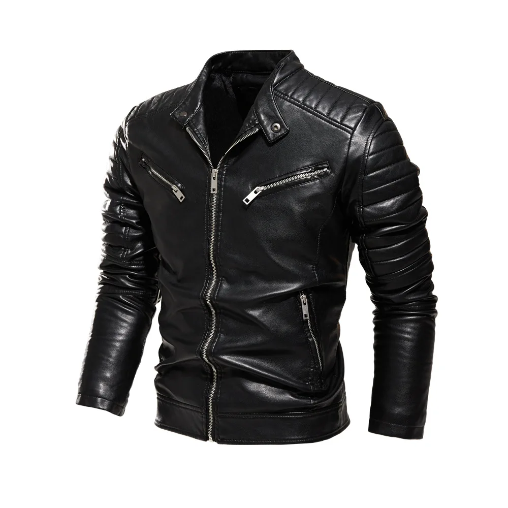 

2022 Winter Men PU Black Leather Jacket Men Fur Lined Warm Motorcycle Jacket Slim Street Fashion Pleated Zipper Biker Coat
