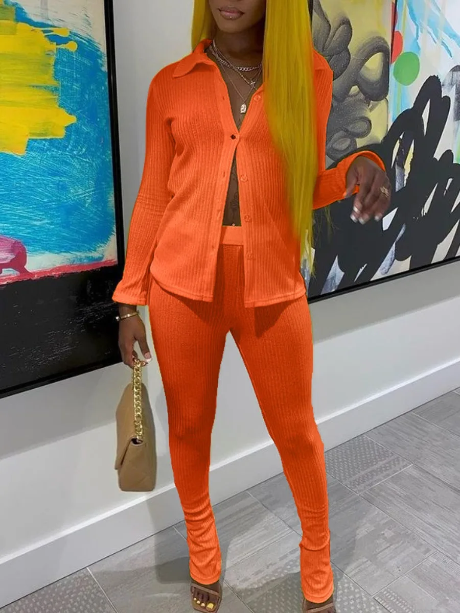

LW BASICS Rib Knit Button Design Pants Set 2023 Autumn Womans Home Suit Women's Long Sleeved Cardigan + skinny Pants Suit Ladies