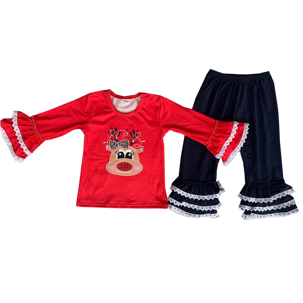 

Wholesale Baby Christmas Deer Long Sleeve Lace Ruffles Leggings Design Kid Christmas Outfits Girls Clothing Set