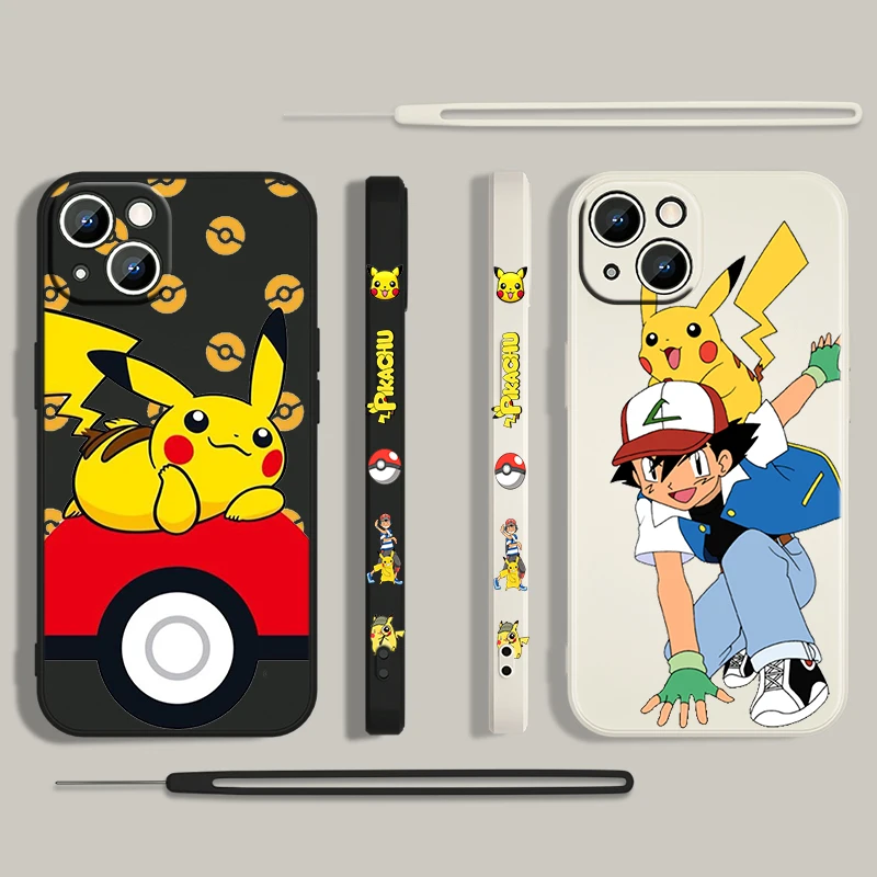 

Cartoon Pikachu Anime Cute For Apple iPhone 13 12 Mini 11 Pro XS MAX XR X 8 7 6S SE Plus Liquid Left Rope Silicone Phone Case