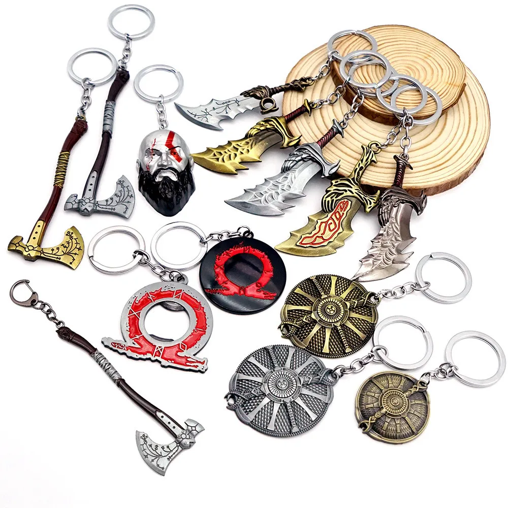 

God of War Keychain Kratos Leviathan Axe Blades of Chaos Blade of Olympus Guardian Shield Figure Weapon Pendant Keyring Gift