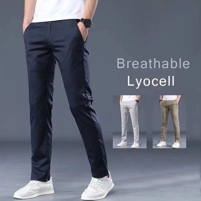 

Summer Lyocell Fabric Men's Thin Casual Pants Business Fashion Work Wear Stretch Trousers High Quality Regular Fit Pants Khaki