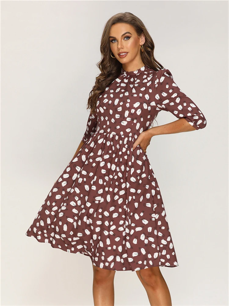 

2022 Autumn Fashion Women's Print A-line Dress Vintage Half Sleeve Retro Midi Dresses For Female Causal Long Wedding Party Dress