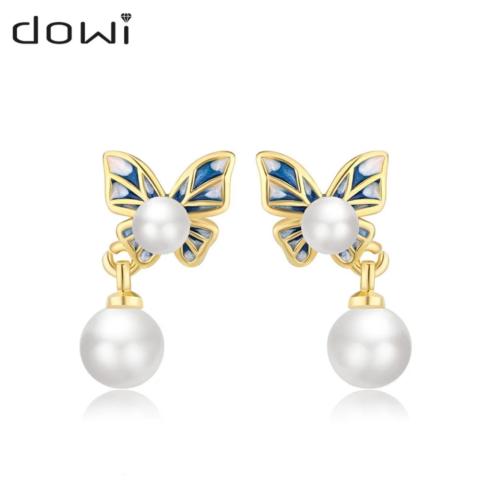 

Dowi Blue Butterfly Gold Color with pearl beads for women Korean fashion Earrings Synthetic Rubber Indie Ear Jewelry