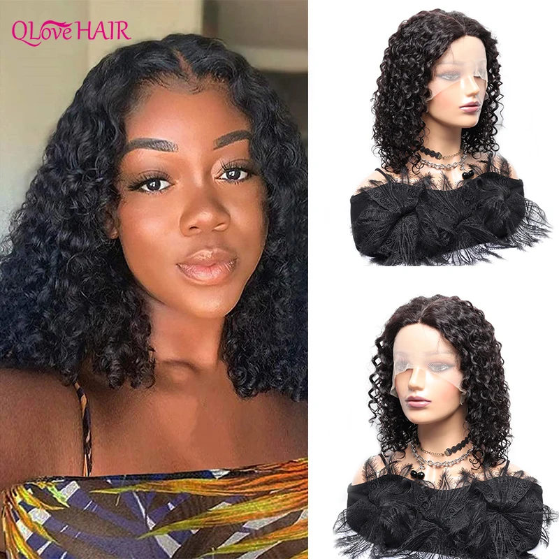 Water Wave T Part Lace Wigs 180% Density Human Hair Short Bob Wigs Burmese Remy Hair Pre Plucked 13x1 Middle Part Lace Wig