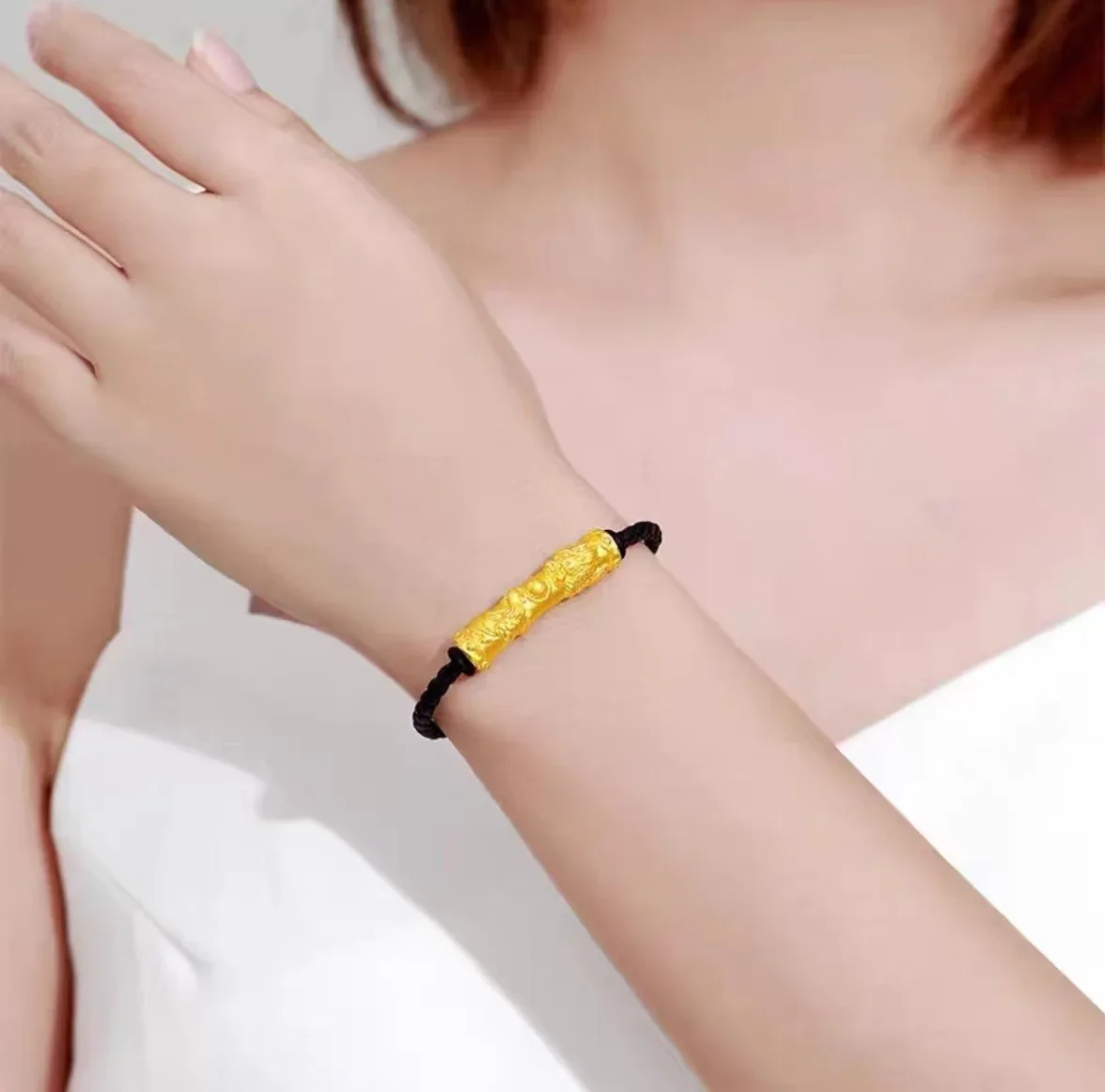 Настоящее золото 9999 желтое 24 карата Дракон Феникс Чэнксиан кожаный браслет изгиб