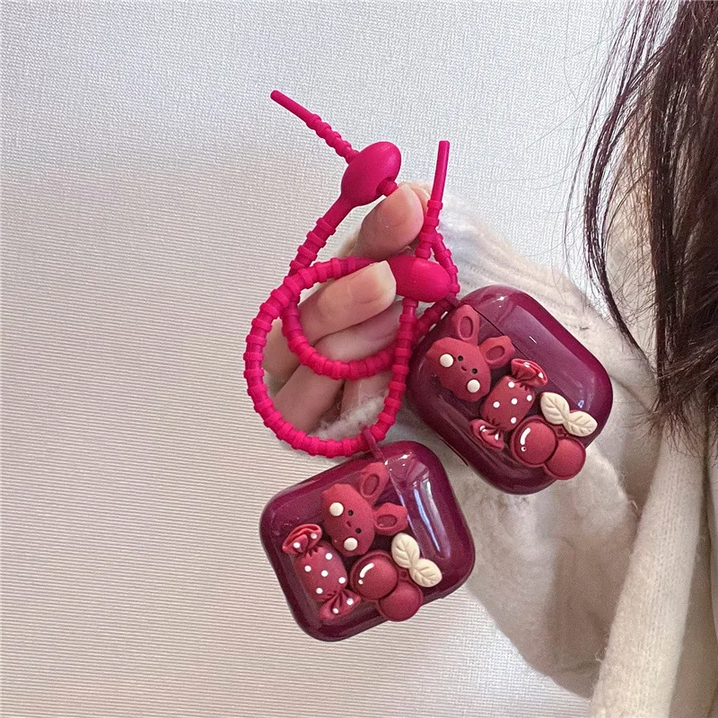 

1pcs. Wine Red Candy Cherry Bunny Suitable for airpods Case 2/3 generation Apple Bluetooth Pro2 Earbuds Soft case