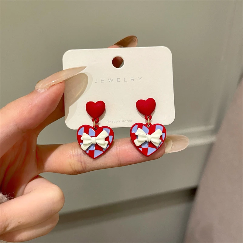 

SHANGZHIHUA2022 European And American Fashion Sweet Alloy Red Heart Bow shape Earrings For Women'S Gifts