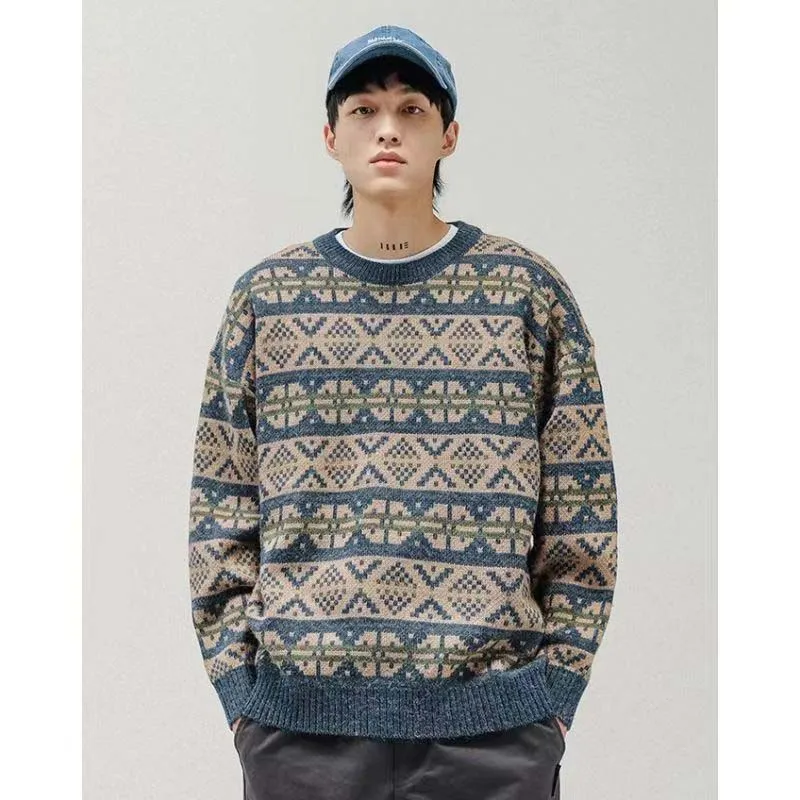 Japanese Vintage Pattern Sweater Men's Autumn Winter 2022 New Thick Crewneck Loose Knit Top Trendy Men