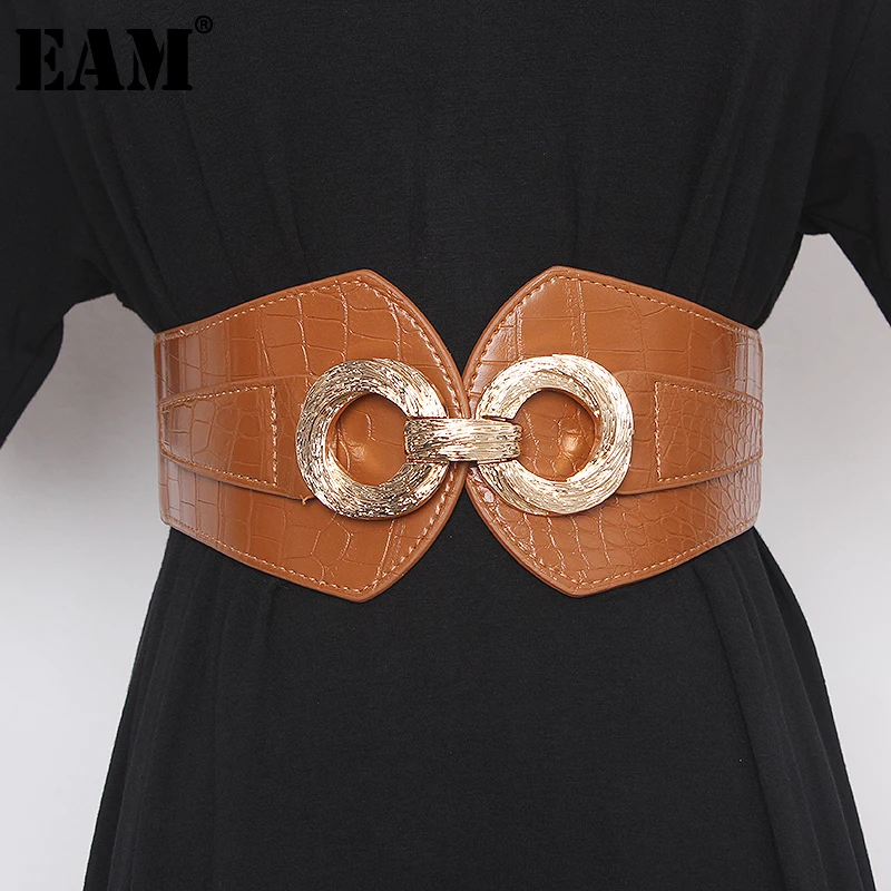 

[EAM] Pu Leather Camel Split Irregular Elastic Wide Belt Personality Women New Fashion Tide All-match Spring Autumn 2023 1DB708