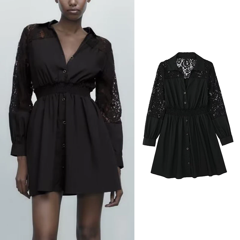 

Autumn 2022 Women Black Mini Dress Long Sleeve Female Fashion Splicing Shirt Style Dress Vestidos HH6895