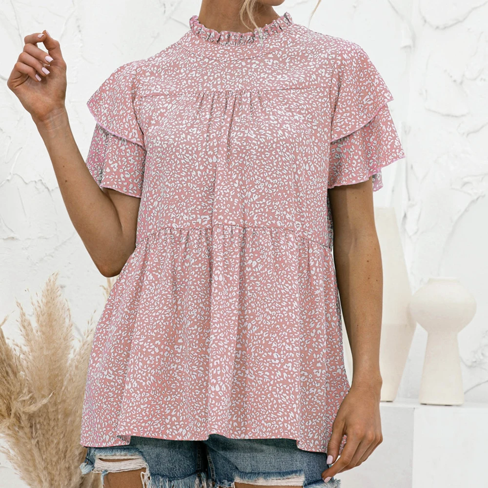 

Printing Short Sleeve Lotus Leaf Ruffle Top Round Neck Shirt For Wowen Babydoll Top Double Layer Leaf Short Sleeve Nin668