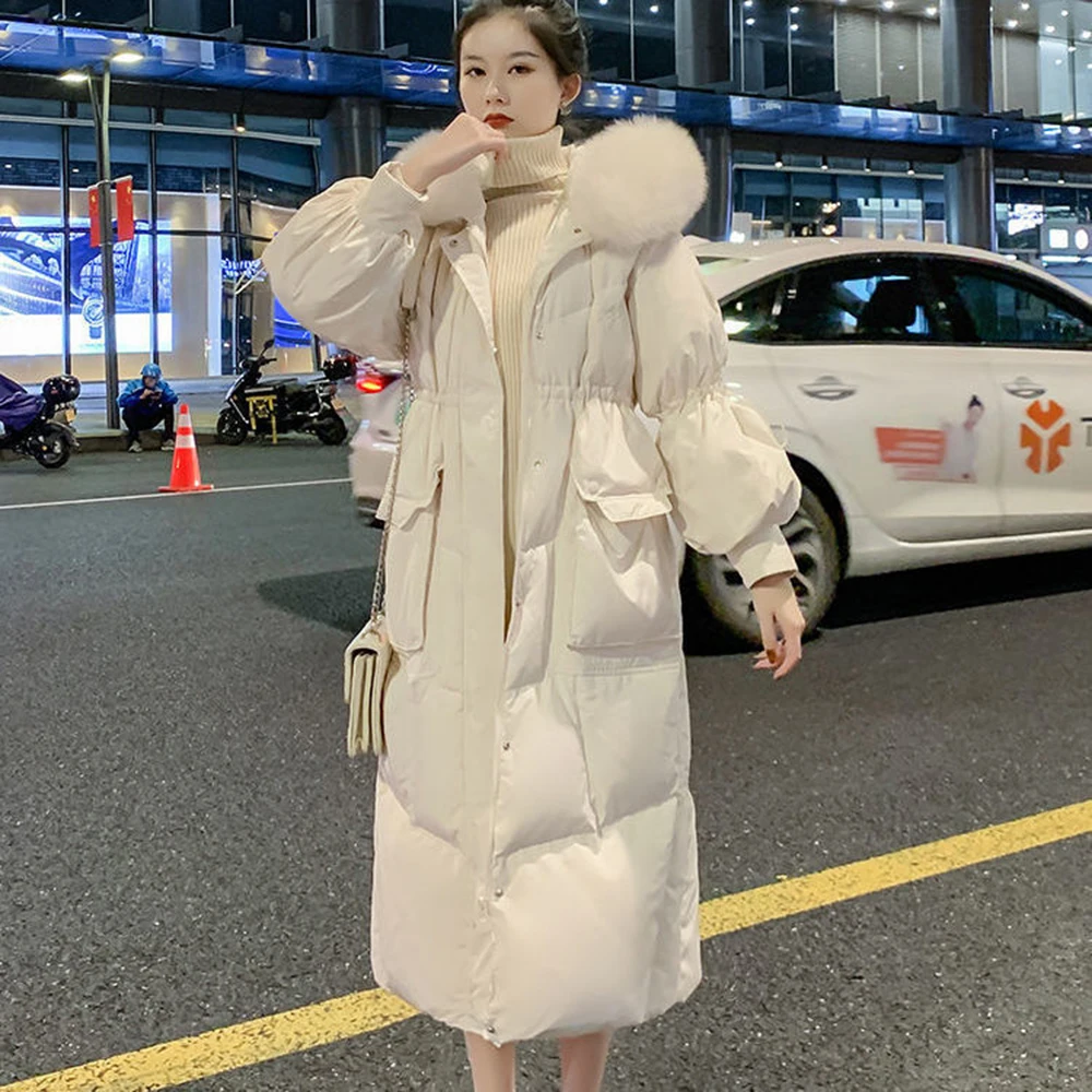 2022 Winter New Women's Thicken Warm Duck Down Coat Medium Long Korean White Loose Beautiful Hoodie Overcoat Hooded Snowwear