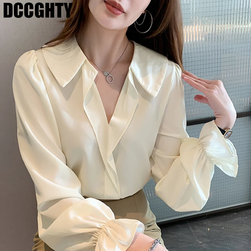 

Новинка 2022, Весенняя свежая однотонная женская блузка с рукавами-фонариками, повседневная рабочая одежда в Корейском стиле, женские рубашк...