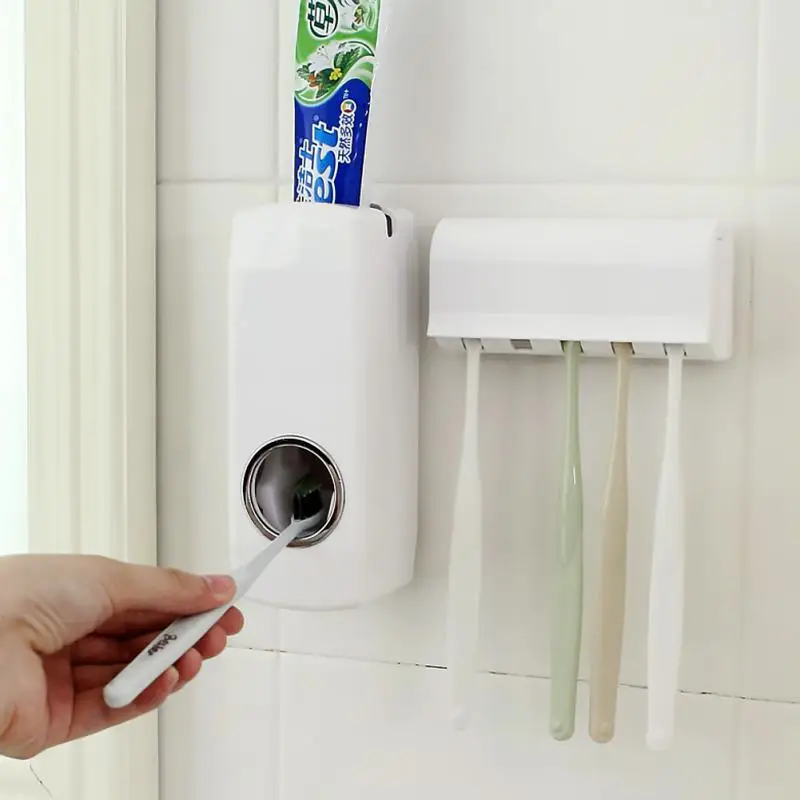 

Automatic Toothpaste Dispenser Wall Mount Dust-proof Toothbrush Holder Wall Mount Storage Rack Bathroom Accessories Set Squeezer