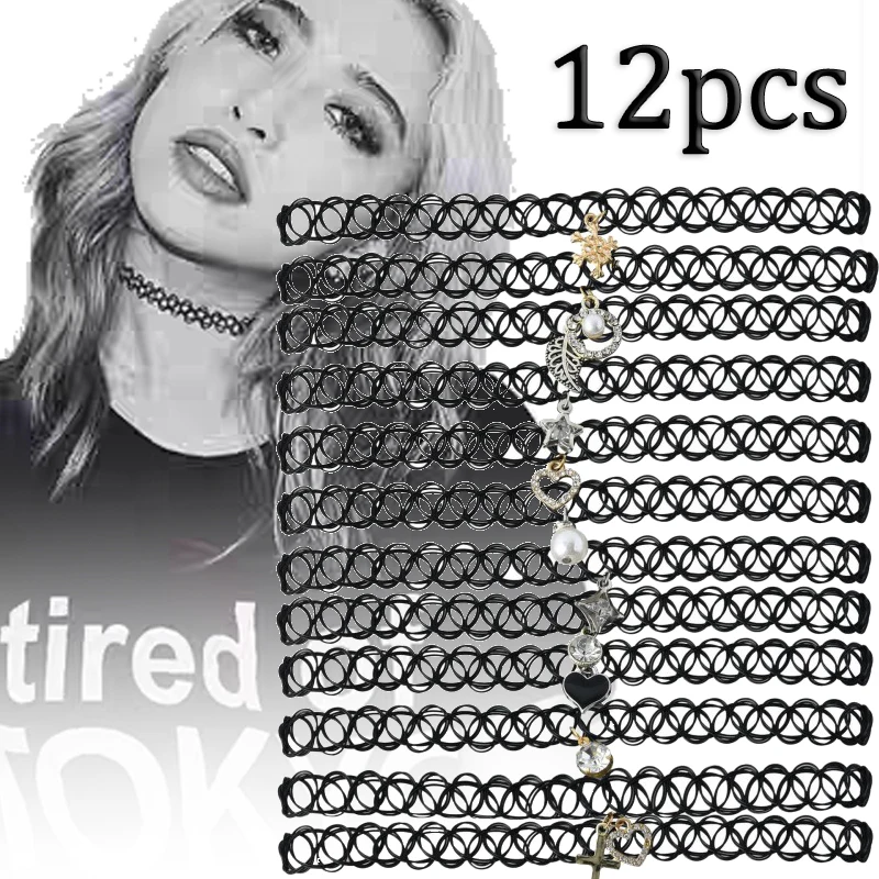 

12pcs Lace Fishline Choker Necklace Women Girls Stretchy Gothic Punk Elastic Hollow Chain Chocker Black Collar Necklaces Kpop