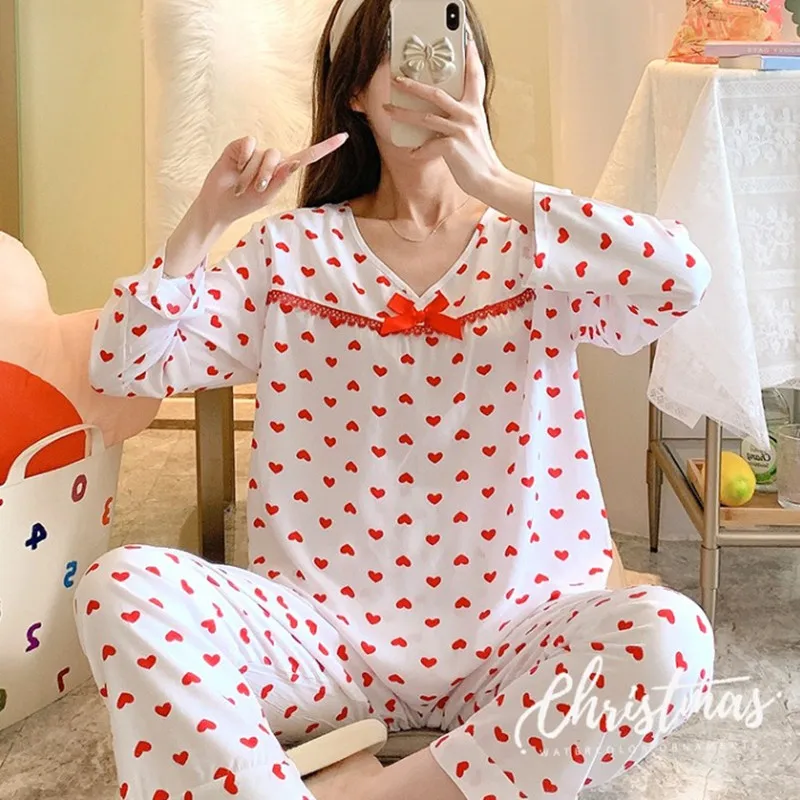 Spring Autumn Ladies Long Sleeves Nightdress Cotton Silk Trousers Sleepwear Lace Women Lounge Pajamas Set Pullover