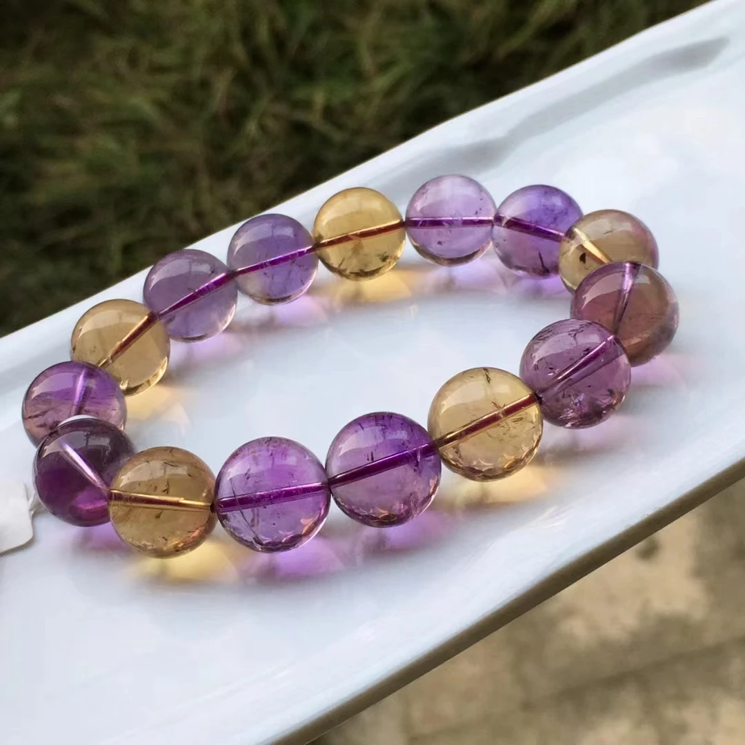 

Natural Purple Yellow Ametrine Clear Round Beads Bracelet 14.5mm Women Men Amethyst Citrine Crystal Jewelry Genuine AAAAAA