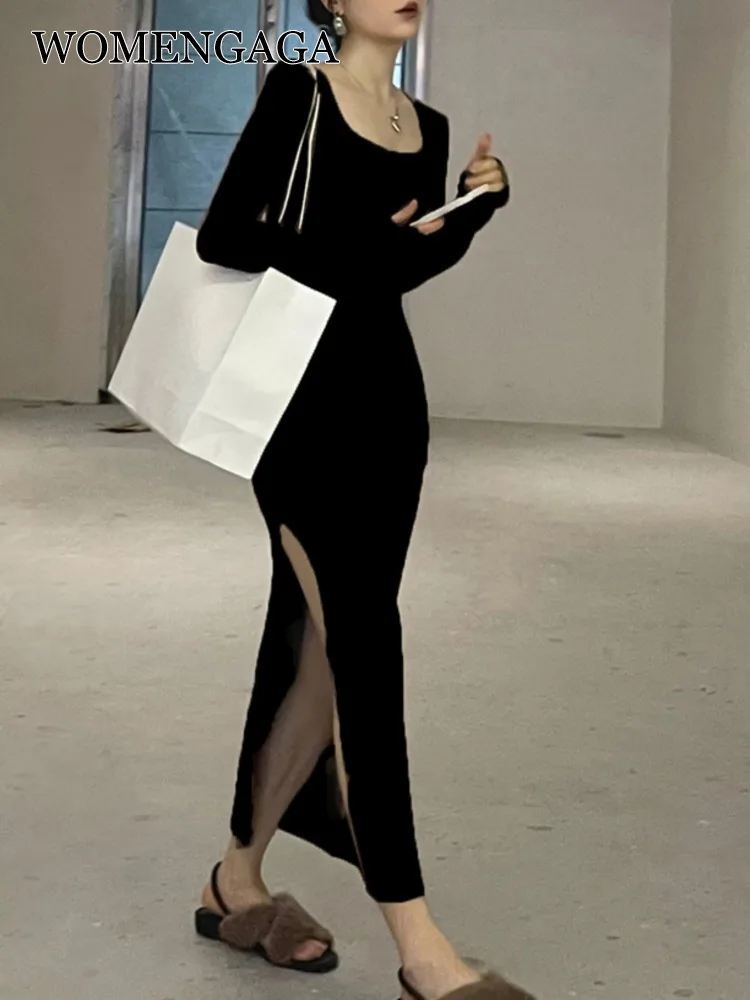 

WOMENGAGA Elegant Tight Long Sleeve Slim Maxi Long Dress 2022 Autumn Sexy Square Neck Dresses Robe Kroean Slim Sexy Tops N8US