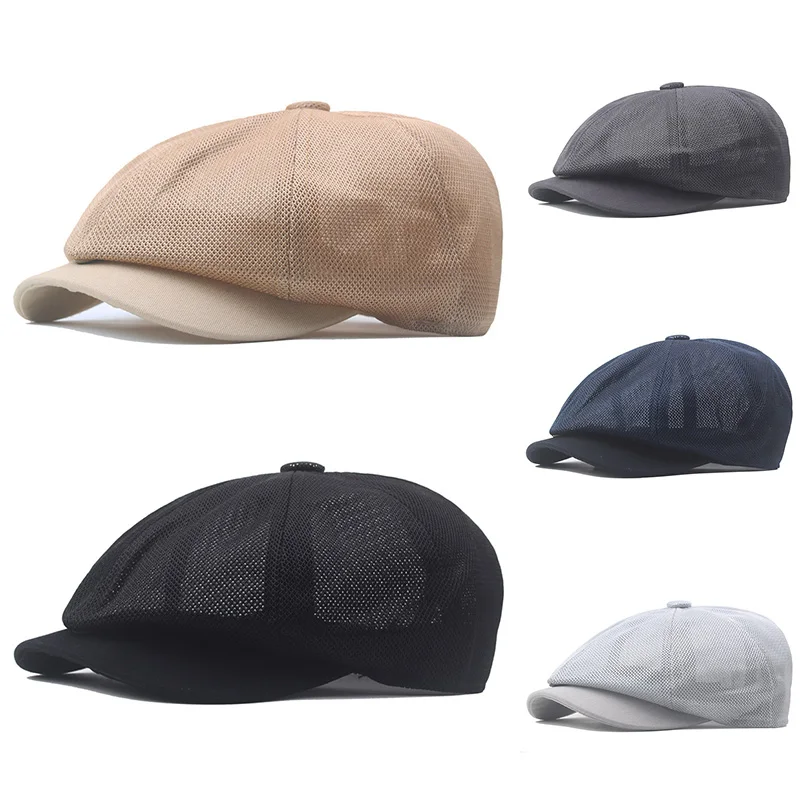 

Summer Breathable Octagonal Hats Men Hollow Mesh Eight Panel Newsboy Cap Peaked Berets Women Retro Solid Painters Hat Elastic