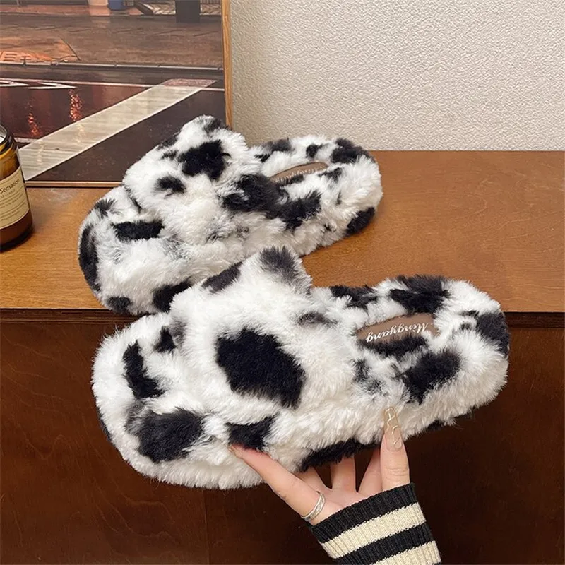 Меховые тапочки с пятнистым узором на осень и зиму 2024 новый стиль теплые