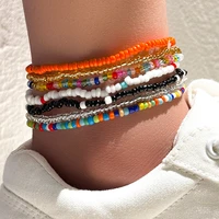 high quality 7 piece new hand beaded anklet bracelet rainbow color elastic anklet anklet ankle beach jewelry