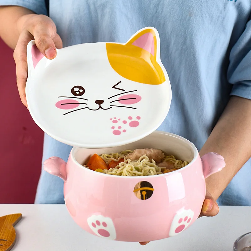 

Cute Cat Instant Noodle Bowl with Large Capacity and Large Lid Ceramic Lunch Box Microwave Oven Lovable Bowl Cereal Bowl Soup