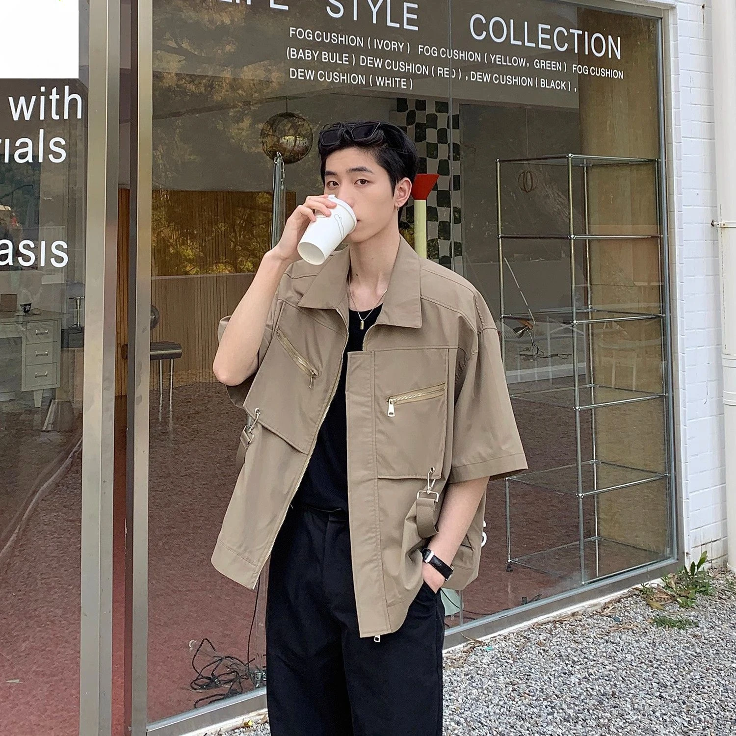 

Vibe style niche design shoulder pad workwear short-sleeved shirt men's handsome loose casual trendy summer shirt jacket