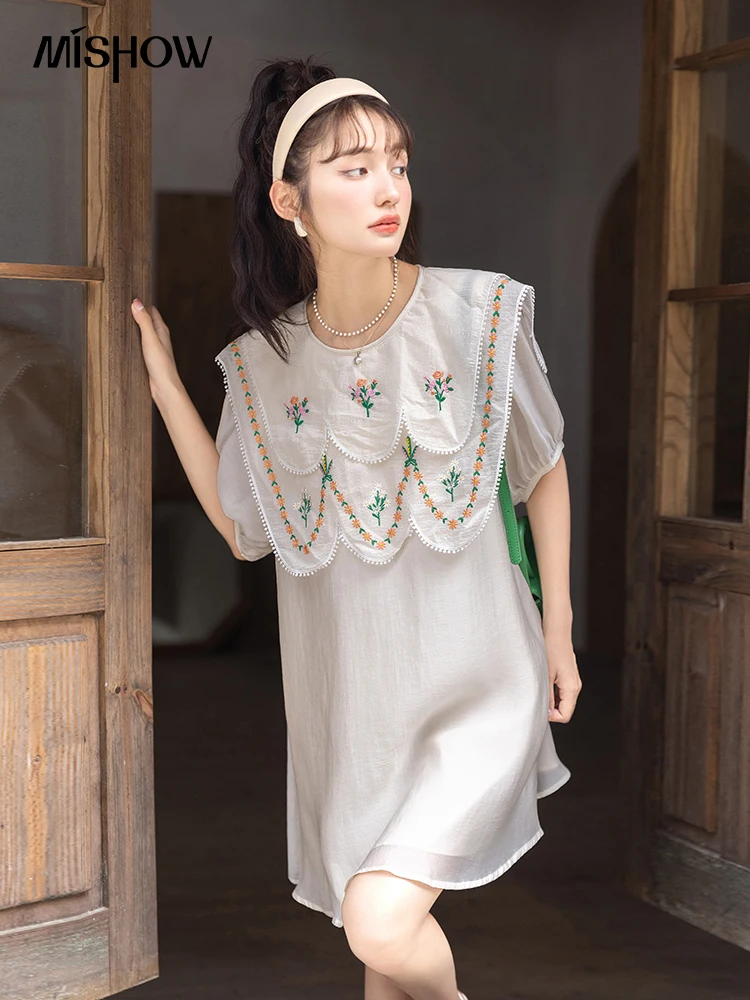 

MISHOW New Lyocell Dress Summer Korean Fashion Short Sleeve Embroidery Doll Collar Pullover Above Knee Length Vestido MXB28L1160
