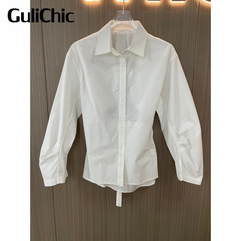 

9.6 GuliChic Women Basics White Shirt Single Breasted Back Hollow Out Lace-Up Cotton Slim Blouse