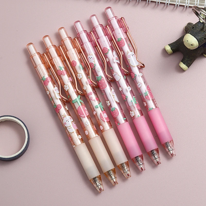 

NEW 3Pcs Cartoon Pink Style Strawberry And Rabbit Metal Clip press Gel Pen 0.5mm Black Ink