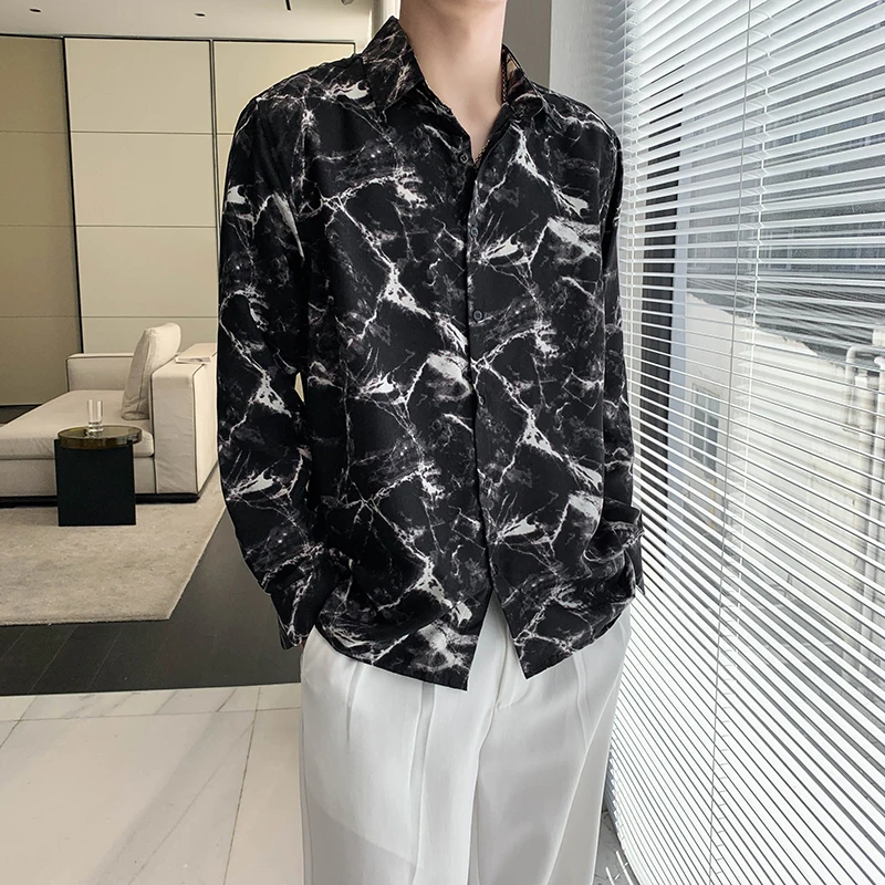Crack Printed Shirts for Men 2022 Long Sleeve Loose Casual Shirt High Quality Streetwear Social Party Tuxedo Blouse Men Clothing