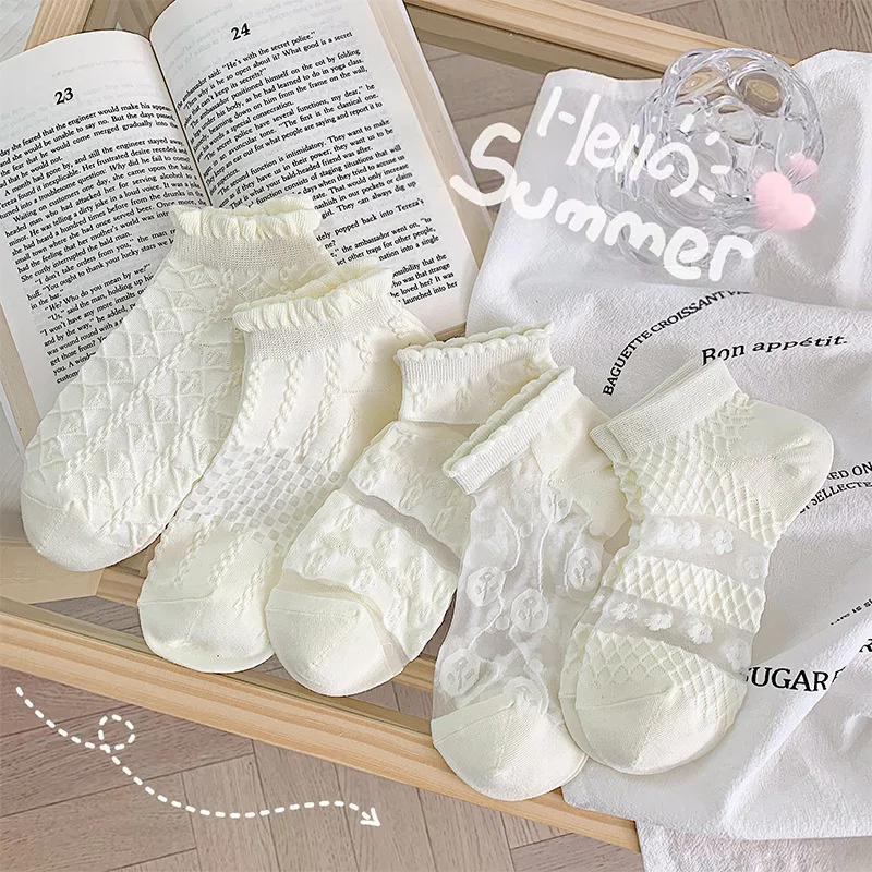 

SP&CITY Flower Embroidery White Glass Silk Women's Ankle Socks Summer Thin Hollow Out Boat Socks Breathable Cotton Lace Sock