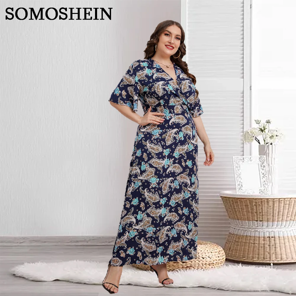 

SOMOSHEIN Plus Size Women Clothing Fashion and Elegant V-Neck Printed Loose Short Sleeve Sexy Dress Wholesale Dropshipping