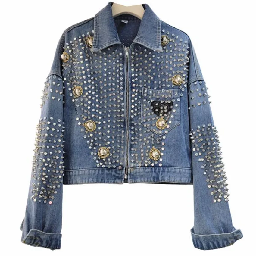 

Loose Heavy Industry Rivet Diamond Denim Jacket Women Spring Autumn Short Outwear