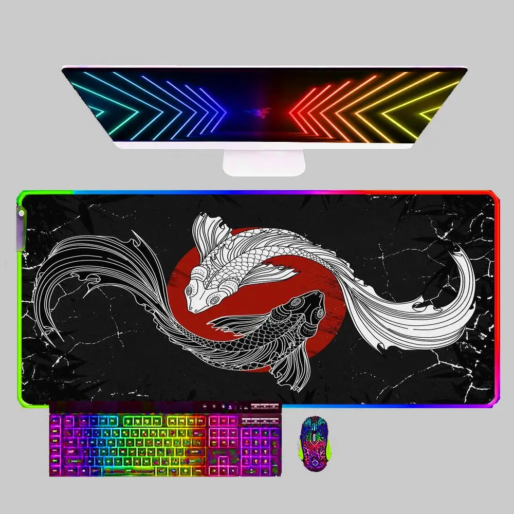 

Japanese yin yang koi fish LED Mouse Pad Gamer Large XXL Tablet Varmilo Keyboard Carpet Gaming Accessories RGB Mousepad Desk Mat