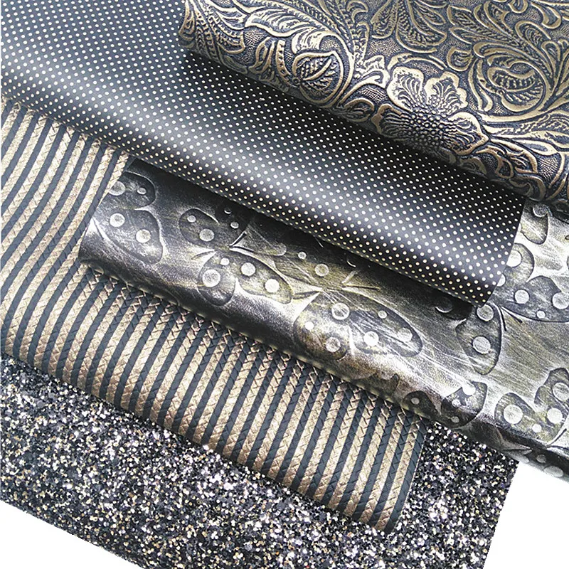 Черная массивная блестящая кожа, листы, бабочки, цветы, золотые точки, тиснение, искусственная кожа, золотые полосы, кожа для «сделай сам», 21x29 см Y103