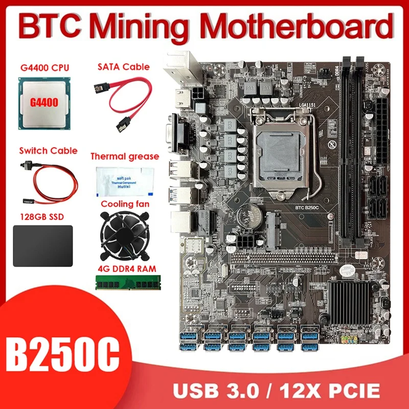 

B250C 12USB BTC Mining Motherboard LGA1151+G4400 CPU+4G DDR4 RAM+128G SSD+CPU Fan+Thermal Grease+Switch Cable+SATA Cable