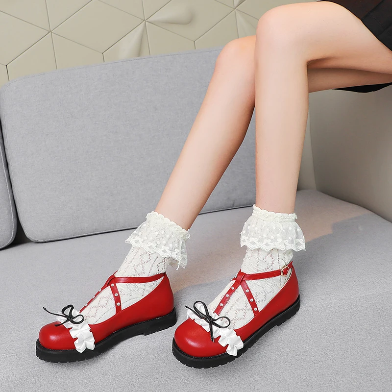 Women Fashion Flats Heel Bow Rivet Buckle Strap Platform Ruffles Round Toe Cosplay Elegant Mary Janes Shoes Lace Red Black White